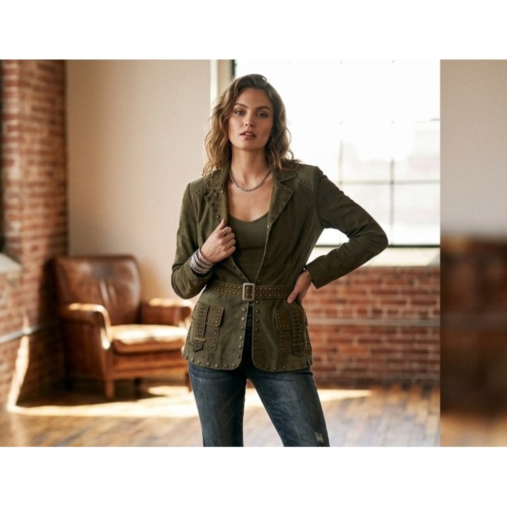 VS2 by Vakko Vintage Taupe Brown Goat Suede Studded Belted Utility Jacket Size M